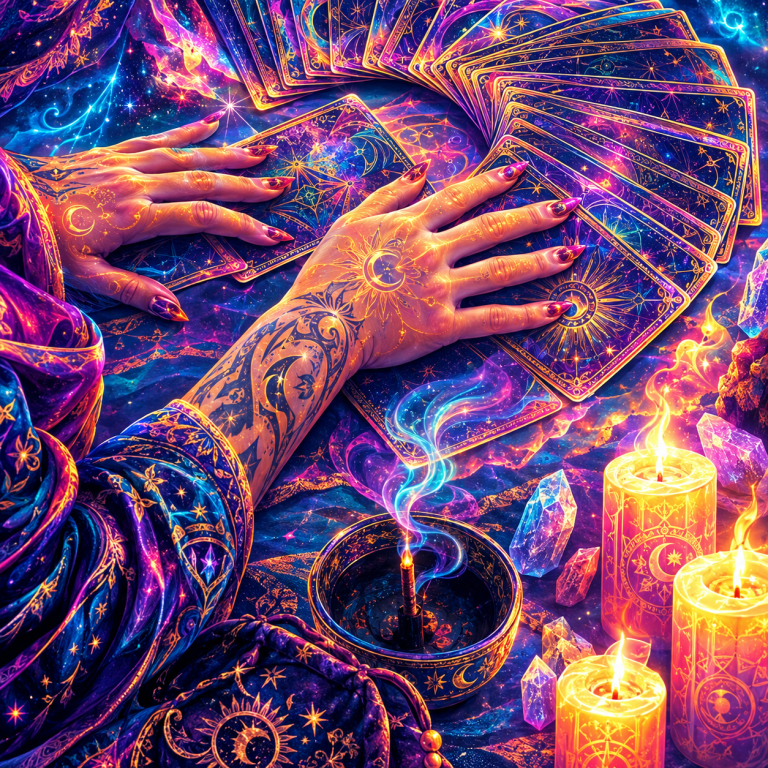 Manos tirando cartas del Tarot junto a velas